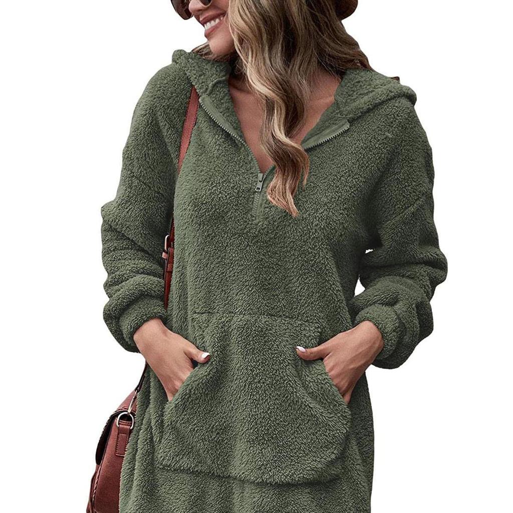 Women's Double-sided Fleece Hooded Loose Zipper Plush Pocket Sweater Jacket