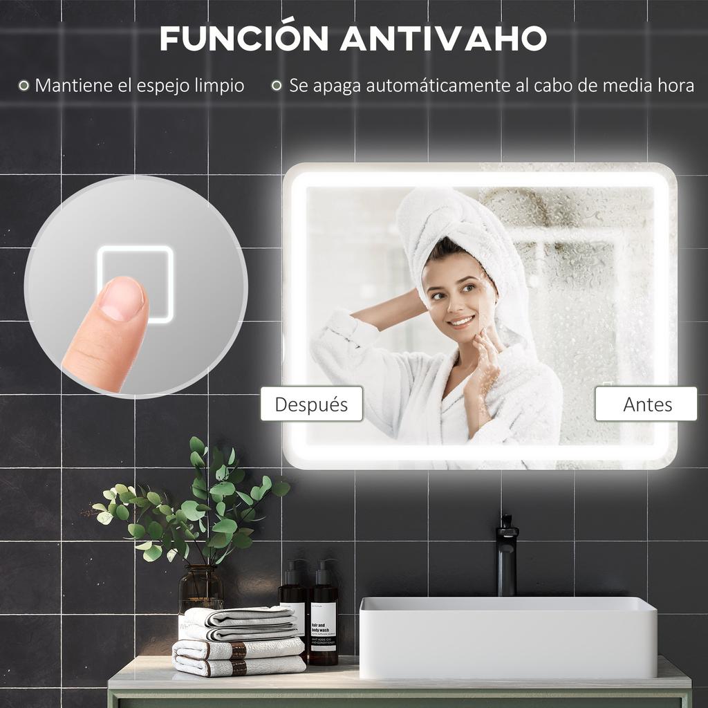Bathroom Mirror with LED, 70 x 90 cm, 3 Light Colors, Anti-Fog, IP44
