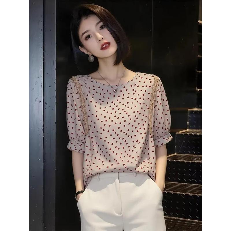 

Womens Polka Dot Lace Trim Puff Short Sleeve Blouse M красный
