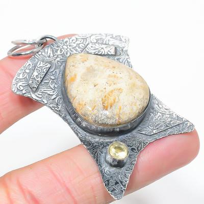 Natural Fossil Coral, Citrine Gemstone 925 Sterling Silver Pendant 2.60" D6q76