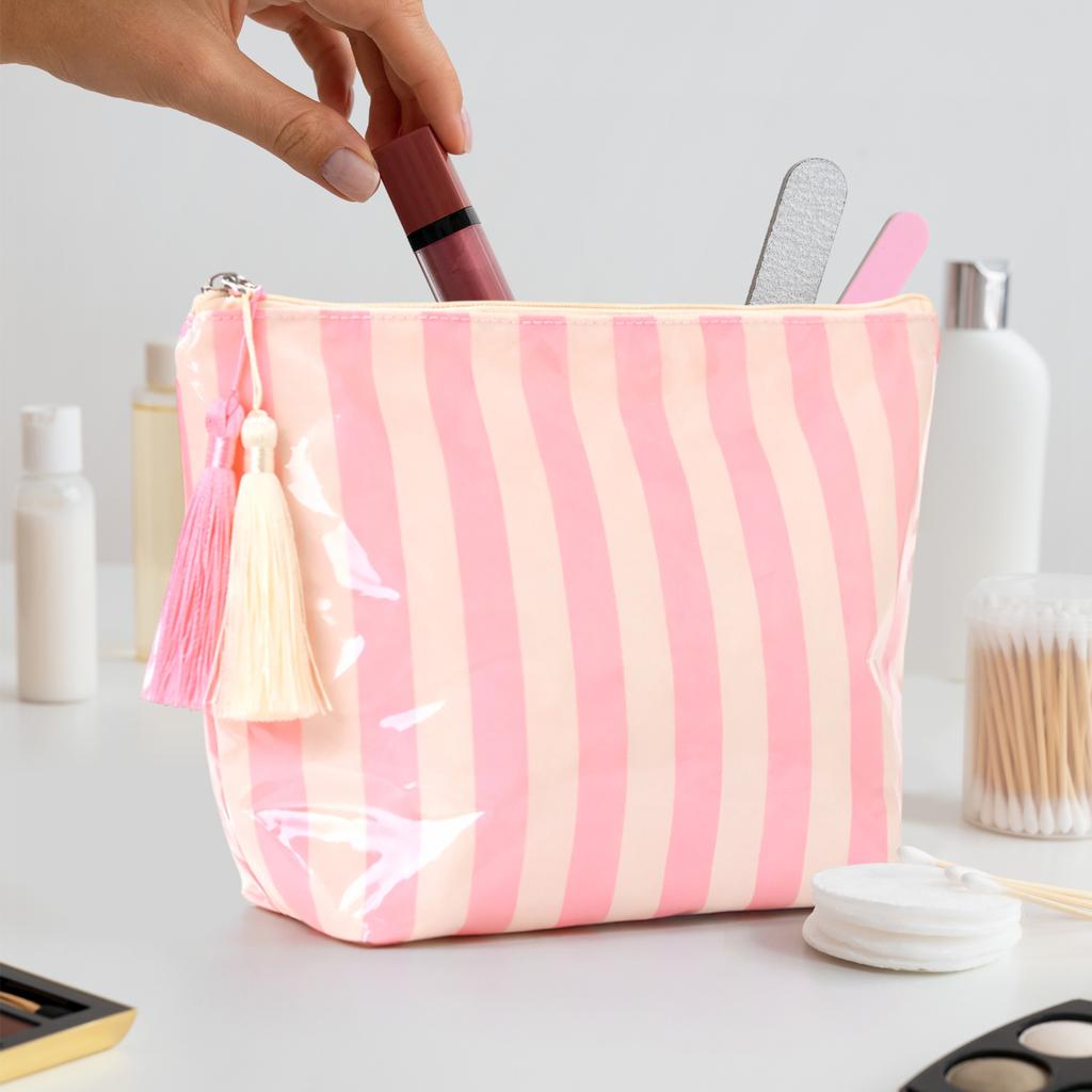 PVC Glossy Striped Cosmetic Organizer with Tassels Portable Travel Toiletry Pouch Trendy Striped Makeup Pack Daily Commute Bags