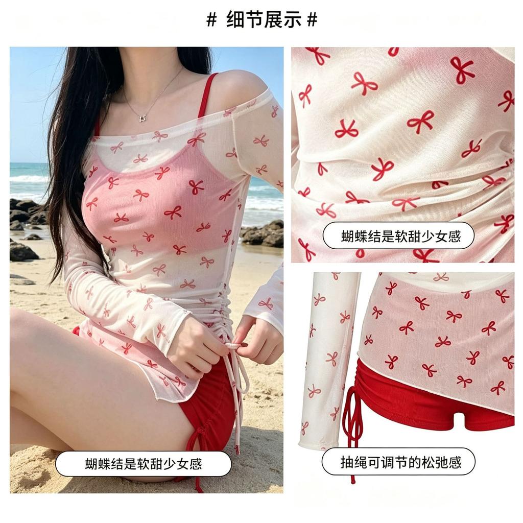 Pure desire wind beach bikini three-piece women's mesh sunscreen blouse split swimsuit seaside vacation babes swimsuit