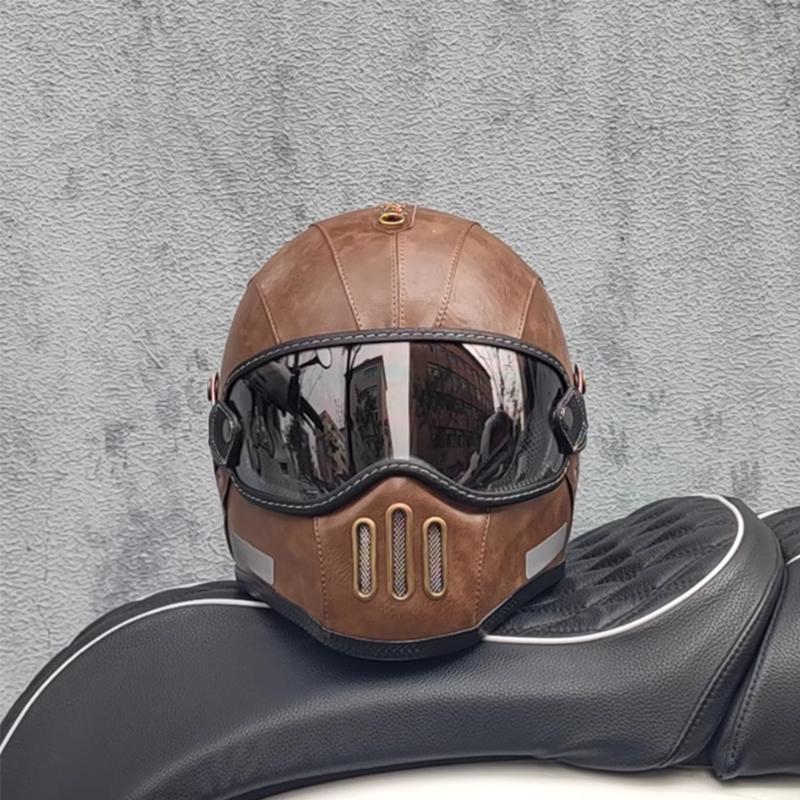 Classic Old School Pig Nose Full Face Motorcycle Helmet DOT Approved Scooter Riding Biker Aesthetic Stitching Details Men