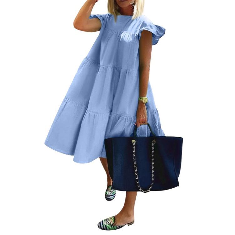 Ležérní volné šaty s volánkovými rukávy, kulatým výstřihem a jednobarevné pro ženy