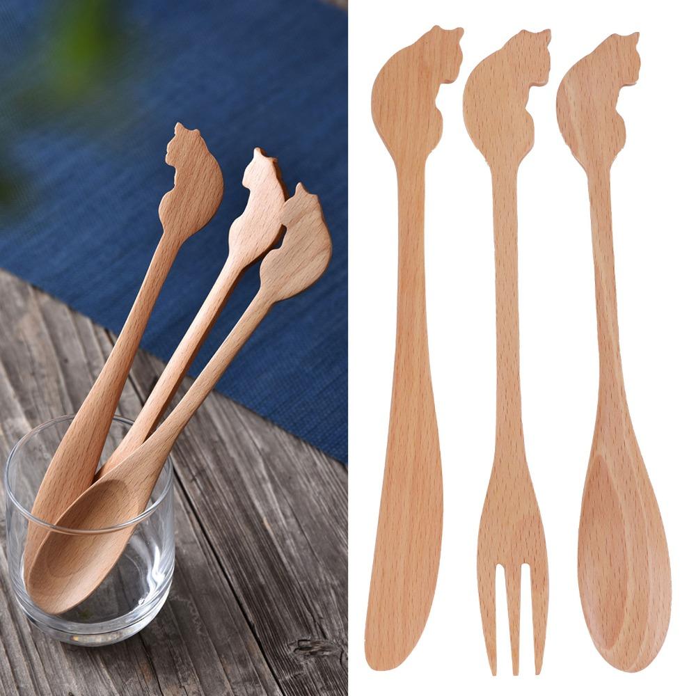 3Pcs Wood Grain Texture Tableware Set Solid Wood Dining Kit Utensil Pack  Table Decoration