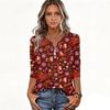 Women's Casual Christmas Print V-Neck T-Shirt with Three-Quarter Sleeves and Button