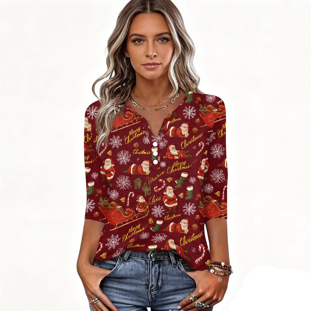 Women's Casual Christmas Print V-Neck T-Shirt with Three-Quarter Sleeves and Button