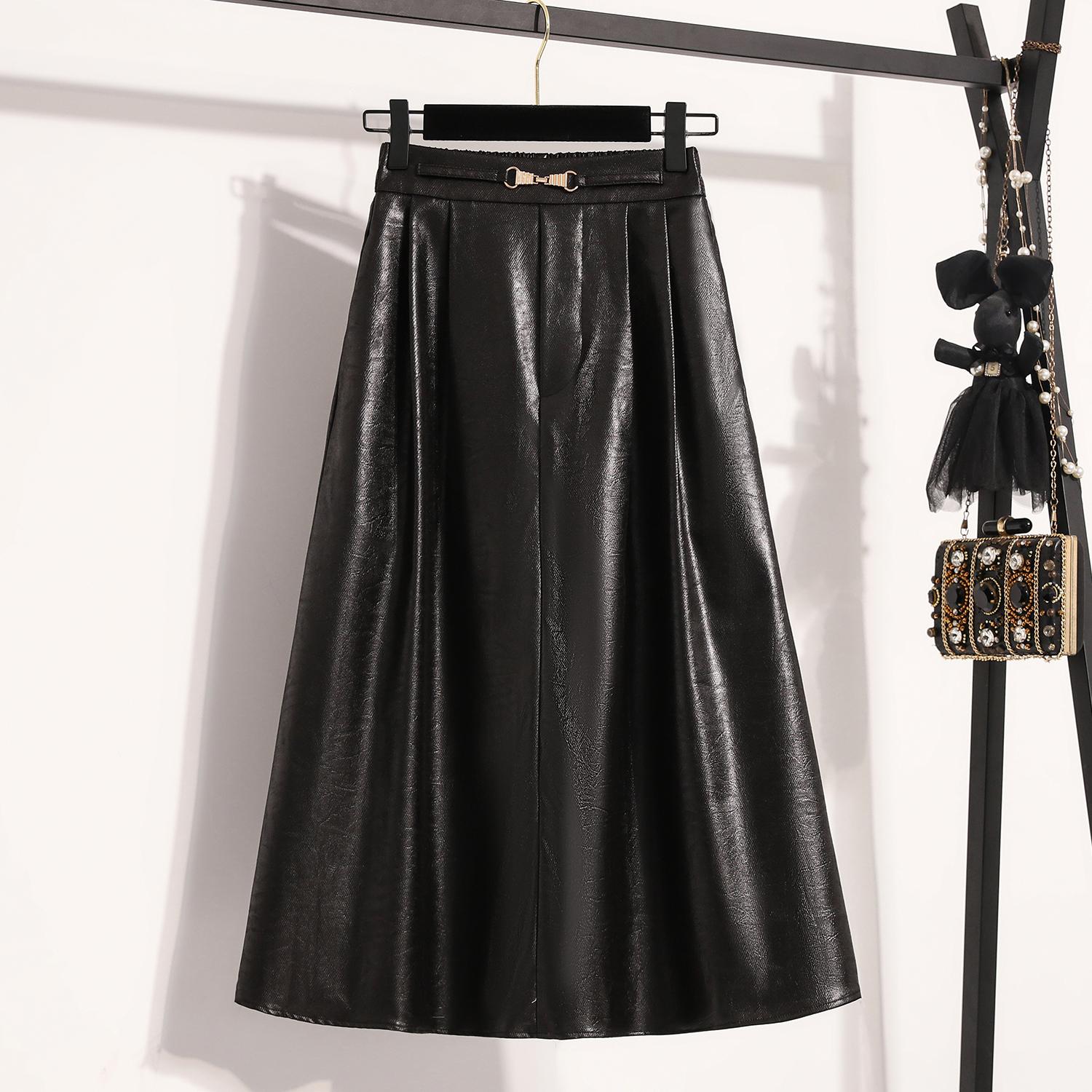 

DIMANAF 2024 Новые осенние юбки больших размеров из искусственной кожи для женщин с эластичной талией, элегантные юбки большого размера с высокой талией, однотонные 5XL чёрный