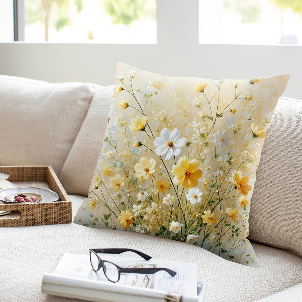 Federa Cuscino Decorativo Floreale Botanico Giallo Margherita Acquerello, Morbido Pastello