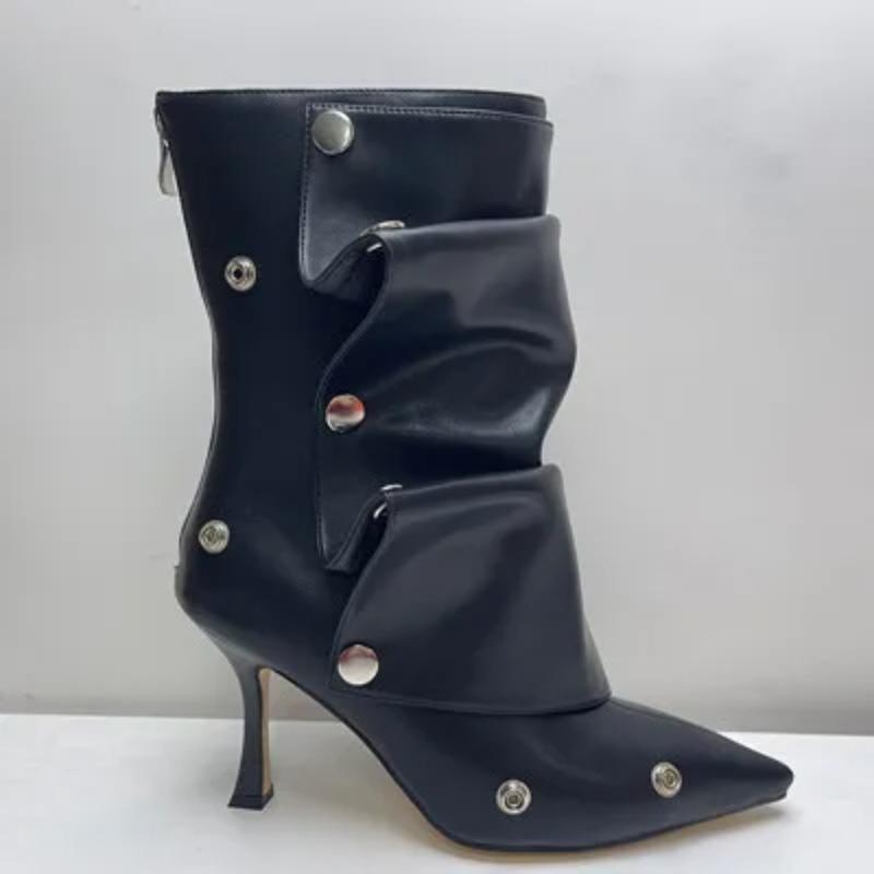 

Classics Women Pointed Toe Strange Heels Boots For Woman s Rivet Button Zipper-Sid Solid Color High Heels Shoes Botas Altas 35