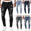 Móda Street Style Roztrhané Skinny Džíny Muži Vintage Wash Jednobarevné Džínové Kalhoty Pánské Ležérní Slim Fit Tužkové Džínové Kalhoty