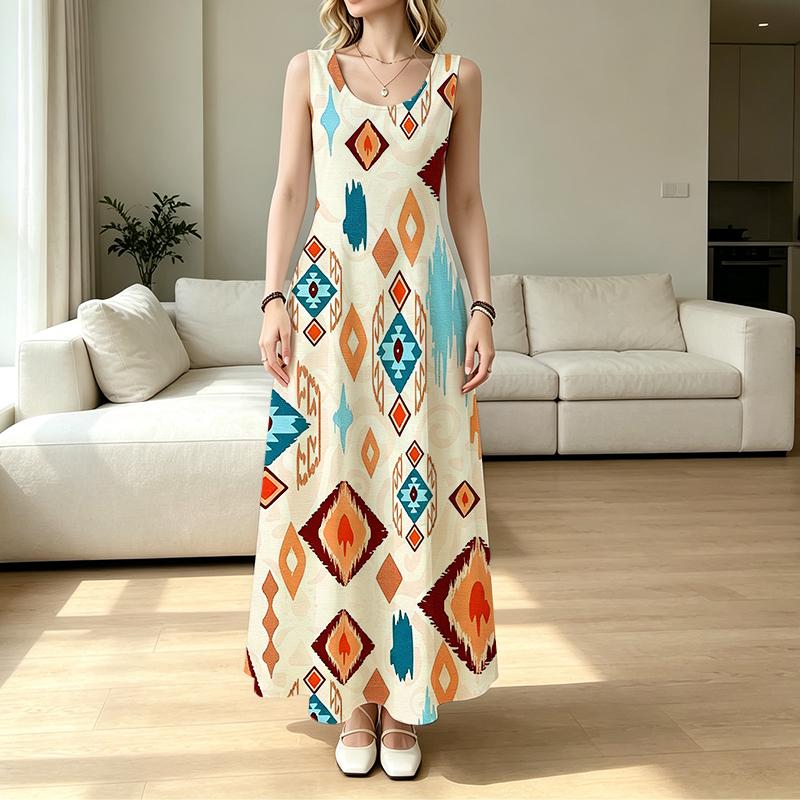 Women's Summer A-Line Maxi Dress,Ethnic Style Loose Sleeveless Flowy Lightweight Breathable,for Daily Casual & Outdoor Vacation Wear,Fashion Versatile