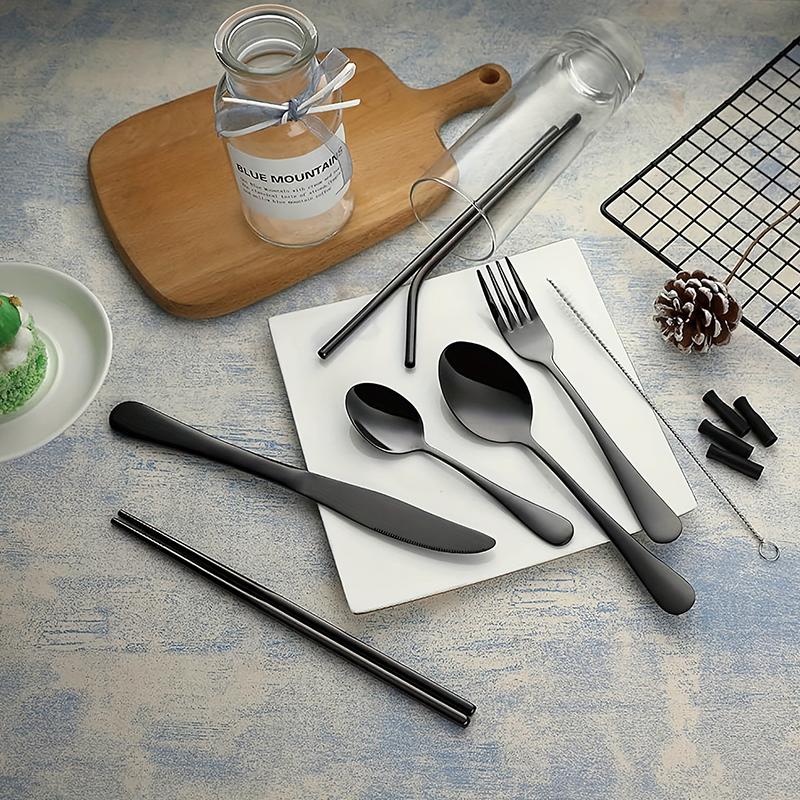 10Pcs Portable Utensils Travel Camping Cutlery Set Stainless Steel Tableware Set Knife Fork Spoon Chopsticks Straw Brush Gift