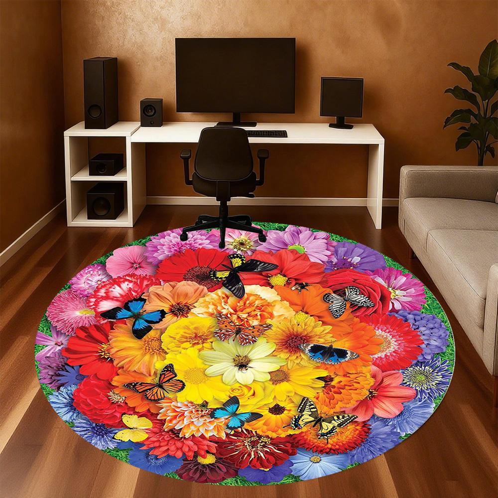 1pc Flower Bouquet Butterfly Pattern Office Round Rugs, Under Chair Round Rugs for Living Room, Bedroom, Bathroom Decoration Carpet 091806