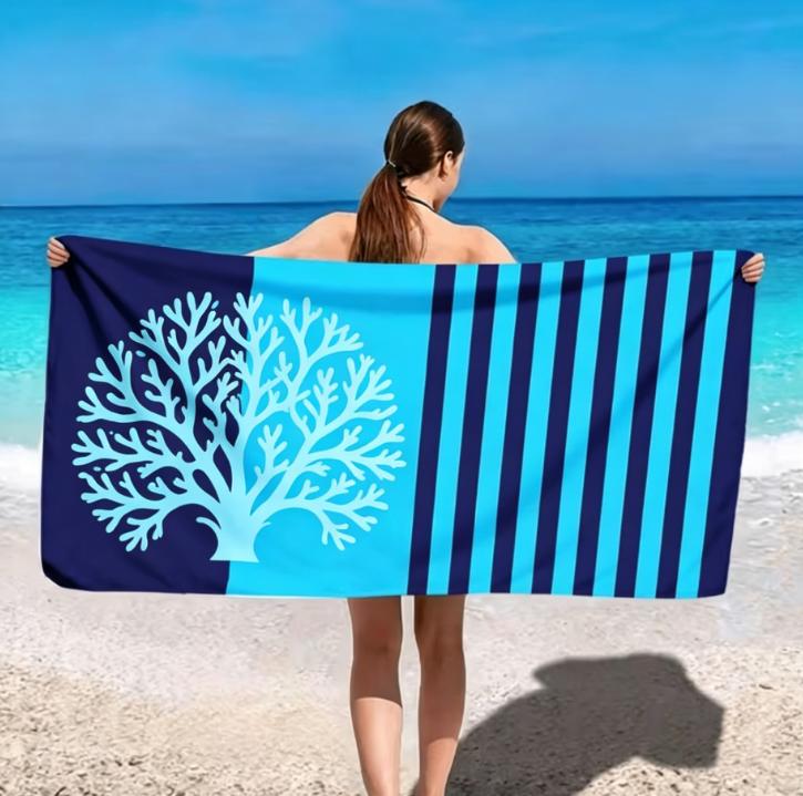 Large Microfiber Beach Towel, Navy & Turquoise Striped Dolphin Print, Sand Free & Quick Dry, for Nautical Summer Beach Use