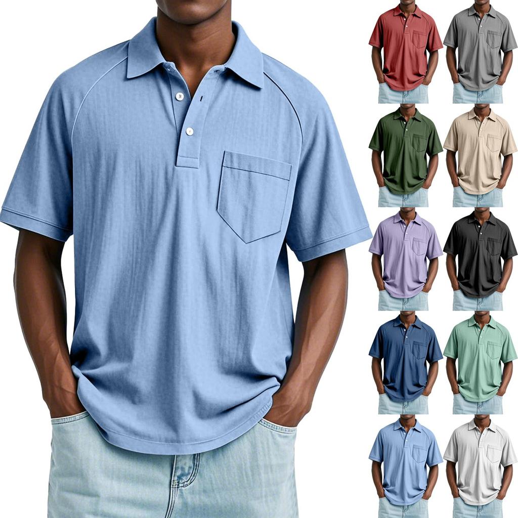 Men's Summer Solid Color Button Pocket Lapel Loose Raglan Short Sleeve Top