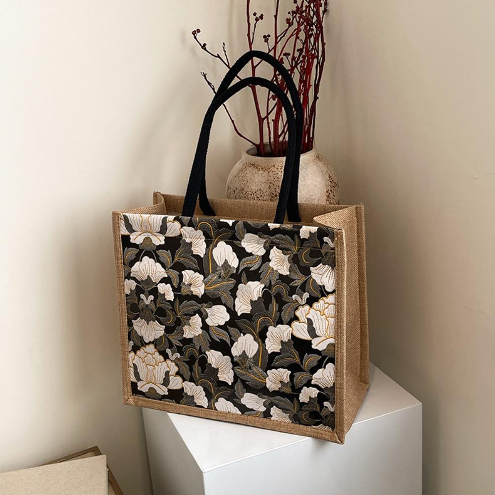 New Fashion Large Capacity Embroidery Flower Tote Bag Top-handle Lightweight Women Handbag Portable Shoulder Bag Daily Office
