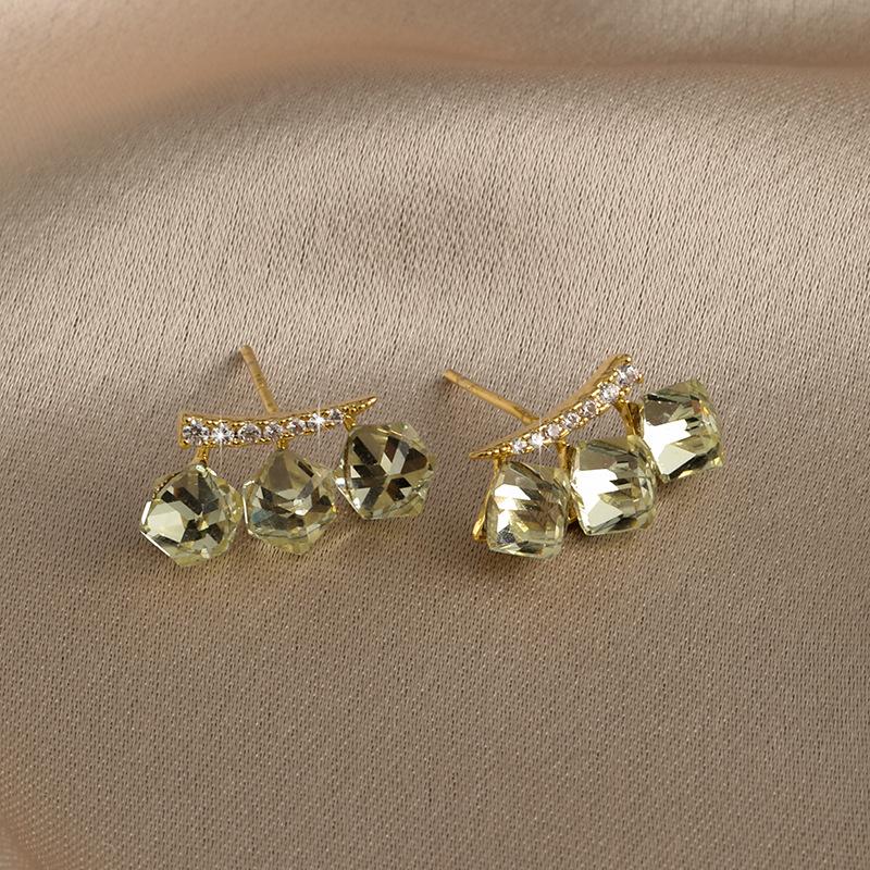 Cubic Crystal Earrings Silver Studs Seafoam Blue 3D Geometric Design Hypoallergenic Lightweight Sweet Elegant Jewelry for Women