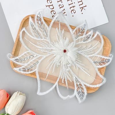 Exquisite White Sequins Embroidered Cloth Stickers Handmade Beads Flower Hollow Beads Decoration Wedding Dress Clothing Accessories