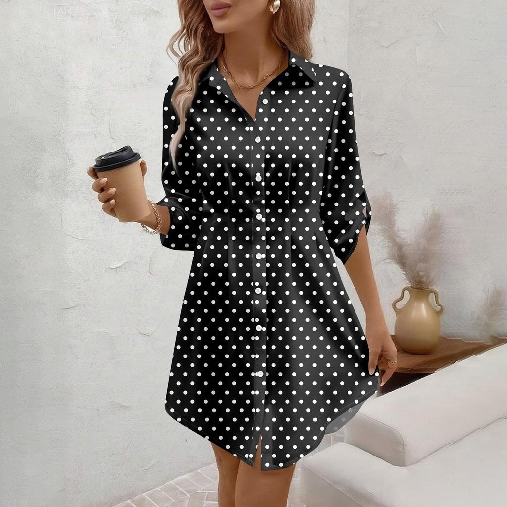 Damen Locker sitzendes V-Ausschnitt Langarmkleid Druck Arbeitshemdkleid