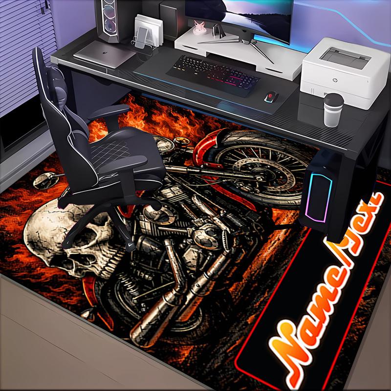 1PC Custom Name Skull Motorcycle Flames Theme Floor Mat Ideal for Living Room, Game Rooms, Office, Bedroom,Floor Mat Playful Design