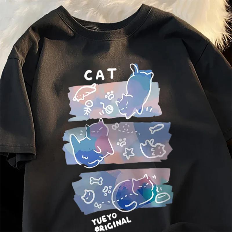 Fun Mischievous Cat Print Japanese Style T-Shirts Men Women Fashion Tshirs Breathable Summer T-Shirts Cotton Loose Tee Clothes