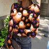 Women Casual Long Sleeve Ribbed Knit Top Halloween Print Round Neck Pullover Slim Fit Stretchy Lightweight Shirt for Fall