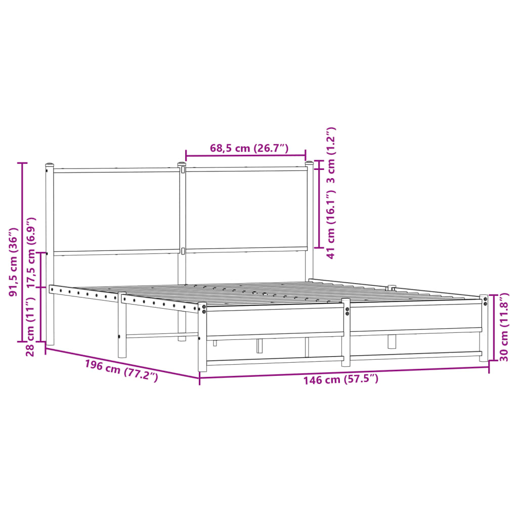 Metal Bed Frame Without Mattress Smoked Oak Finish 140 X 190 Cm