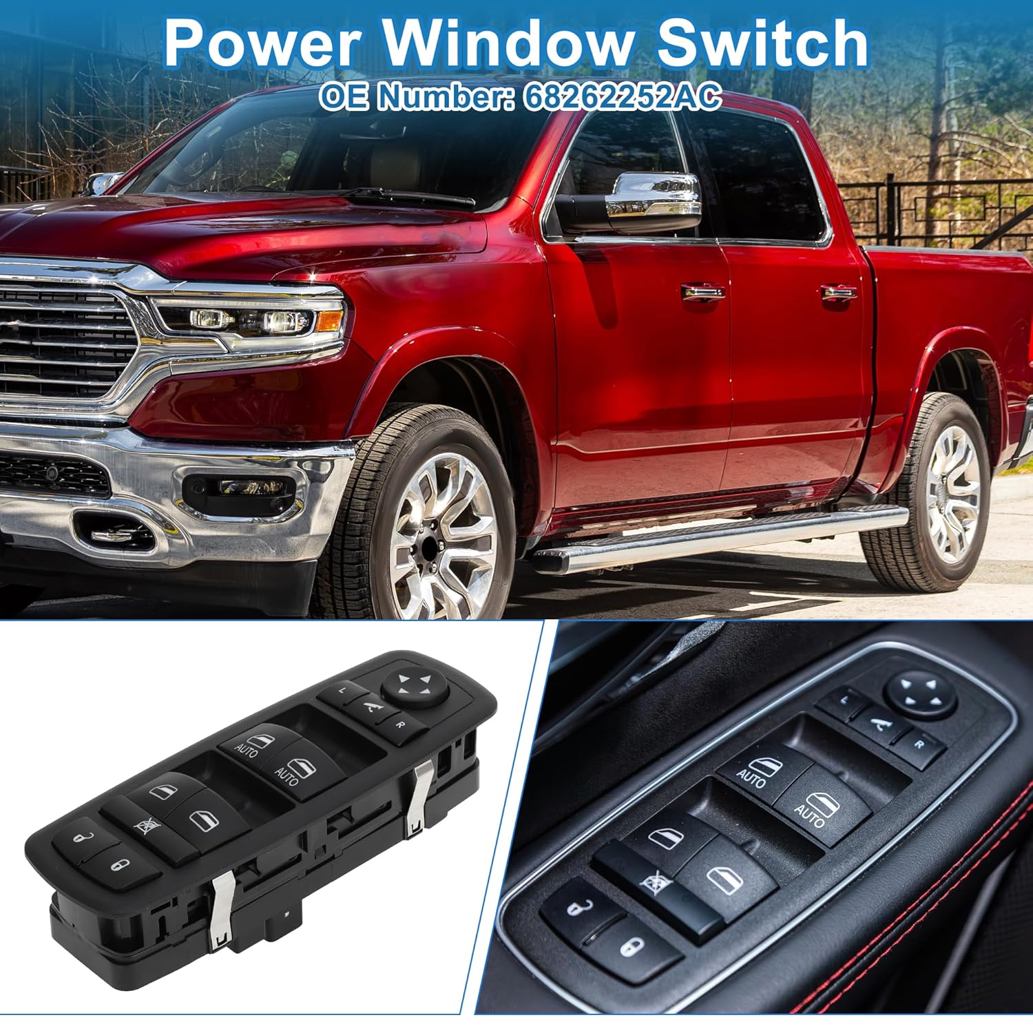 

Power Window Switch No.68262252AC Front Left Driver Side Window Control Switch for Ram 1500 2500 3500 Black