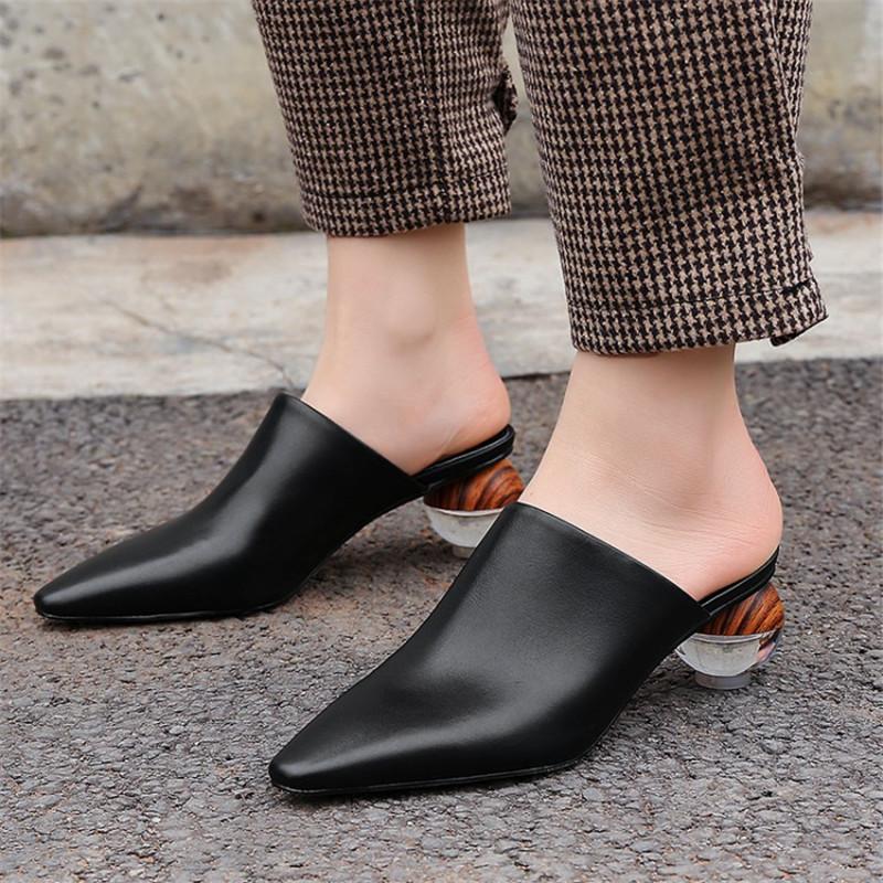 Fashion NEW Summer Women Mules Cowhide Shoes for Women Cover Toe Chunky Heel Slippers Square Toe High Heels Crystal Heel Women Sandals