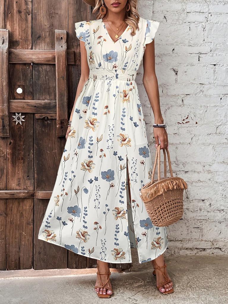 Women Summer Flower Printed Dress Elegant High Waist Slit Maxi Long Dress Causal Party Dresses Femme