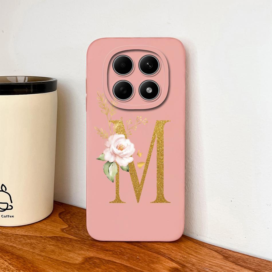 Floral Gold Letters Cover For Poco M8 Pro Phone Case Soft Smooth Liquid Silicone Anti Drop Protective High Quality Couple Bumper