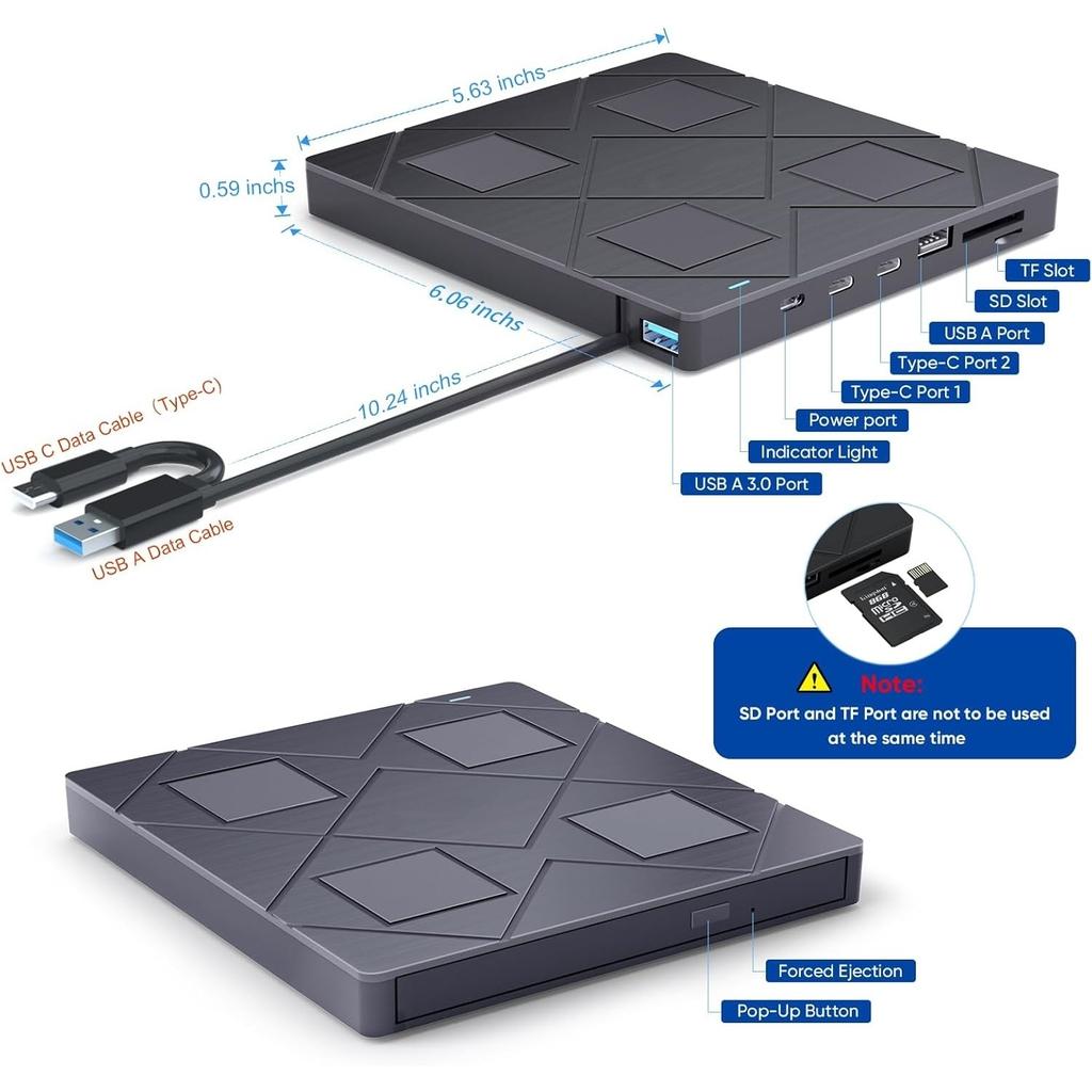External CD/DVD Drive with 2 USB Ports,2 type-c port and TF/SD Card Slots Portable CD DVD Burner Player for Laptop Desktop PC