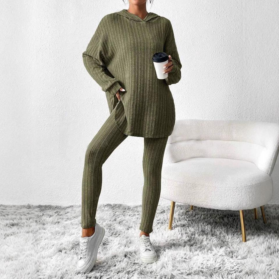 2025 Autumn and Winter Women's Pit Loose Hooded Long Sleeve Casual Pants Threaded Suit