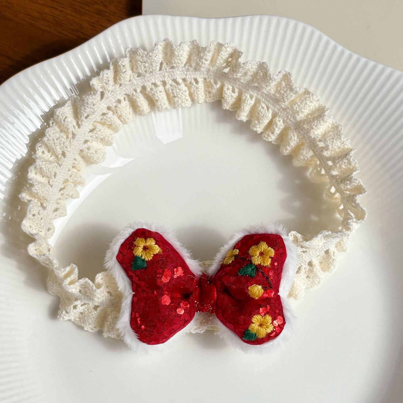 Festive Red Fluffy Bow Headband: Ancient Chinese Style for Baby Girls