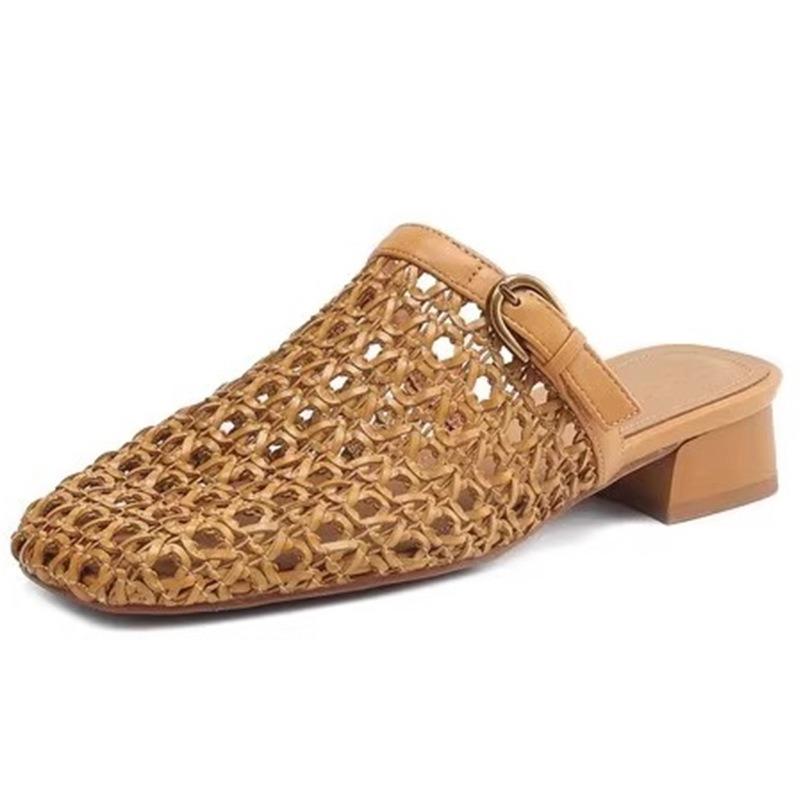 Retro fashion woven breathable hollow bag head half drag women's summer soft leather word with casual mesh shoes