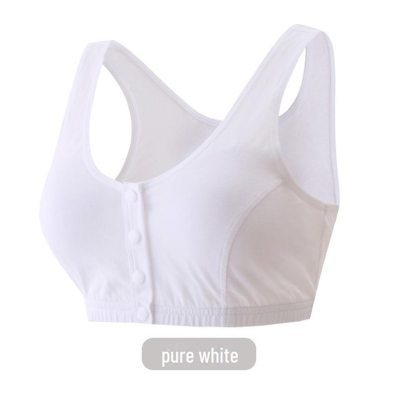 Zhangyan Pastoral Style Pure Cotton Bra: Large Cup, Front Buckle, Wide Back, Comfortable & Breathable for Middle-Aged and Elderly.