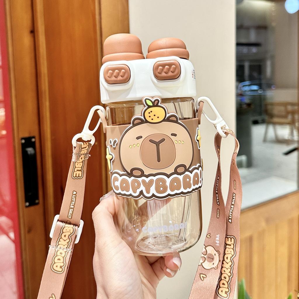 Capybara Cute Summer Kids Plastic Water Bottle for Students Girls kapibara Plastic Cup Portable Strap Children's Cup with Straw