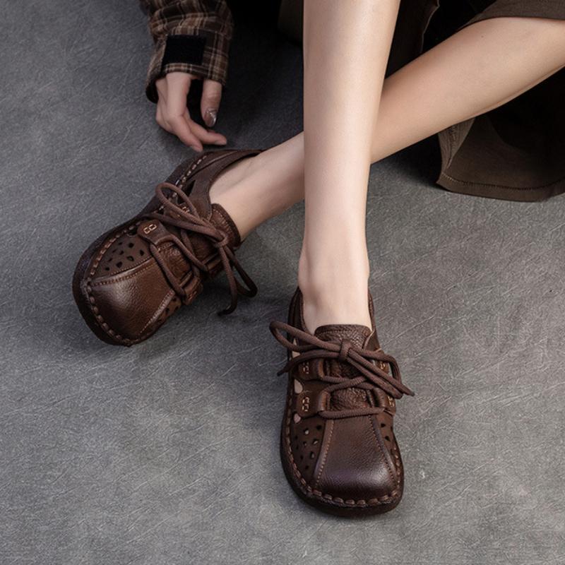 Johnature Hohle Sandalen aus echtem Leder, bequem, lässig, atmungsaktiv, vielseitig, flache Damenschuhe