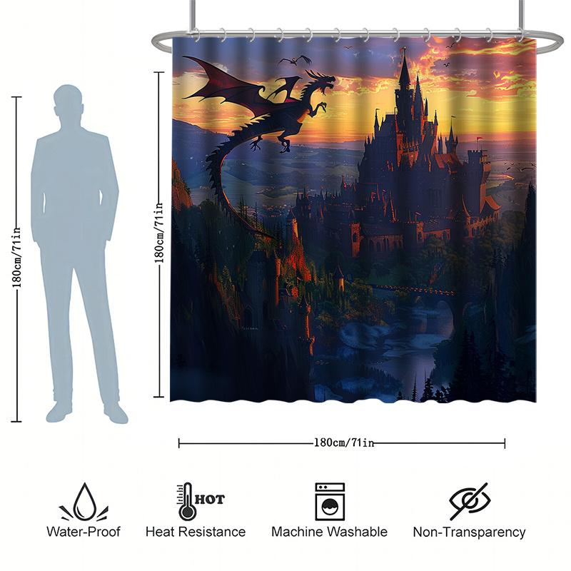 Castle Evil Dragon Shower Curtain Set - Flying to the Castle,  Polyester Fabric, Bathtub Partition, Modern Bath Decor