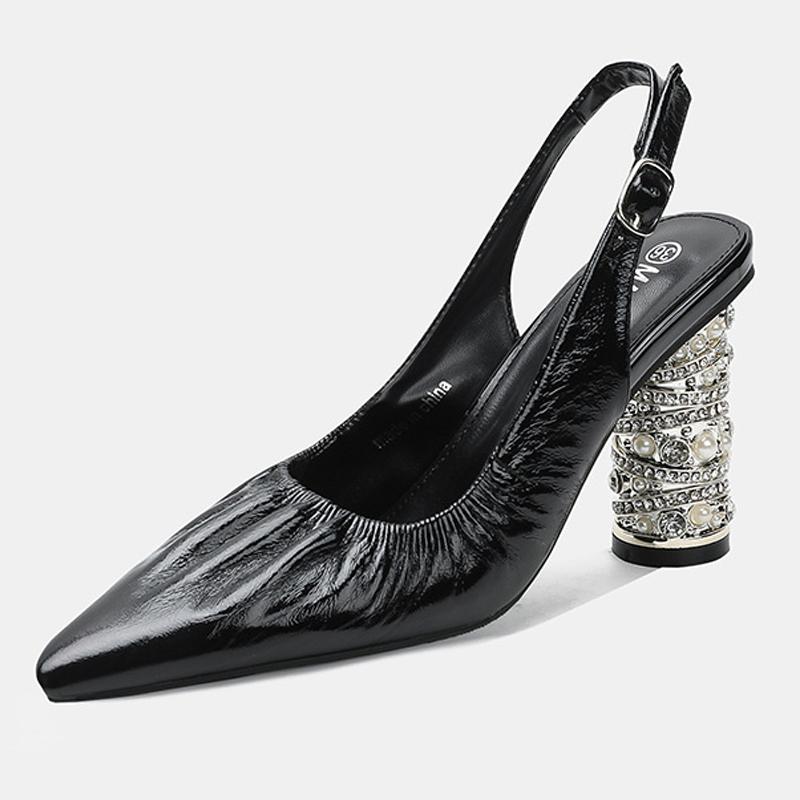 

Women Cowhide High Thick Heel Sandals Rhinestone Slingbacks for Office Nightclub Party Pub Wedding Banquet Host Model Catwalk 46 чорний