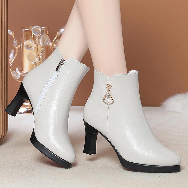 Fashion Winter Warm Brand Design Stiletto Boots Side Zipper High Heel Concise Style Metal Decoration Crystal Office Ladies Boots
