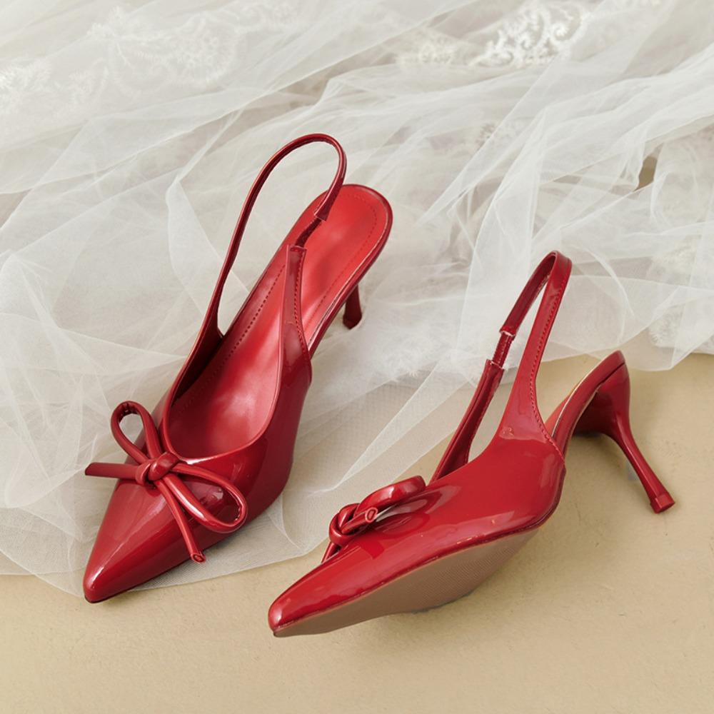 Heeled Sandals for Woman Red Bow Trimmed High Heels Pointed Back Strap Stiletto Sandals Women's Shoes