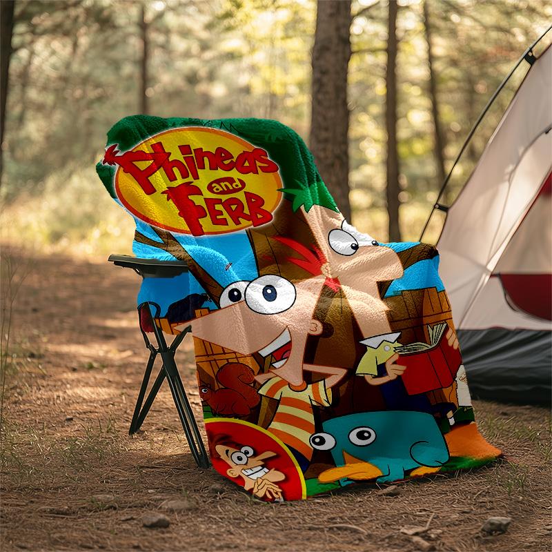1pc Phineas and Ferb1 Theme Blanket - Digital Print, Polyester, Cozy for All Seasons, Perfect for Outdoor, and Travel