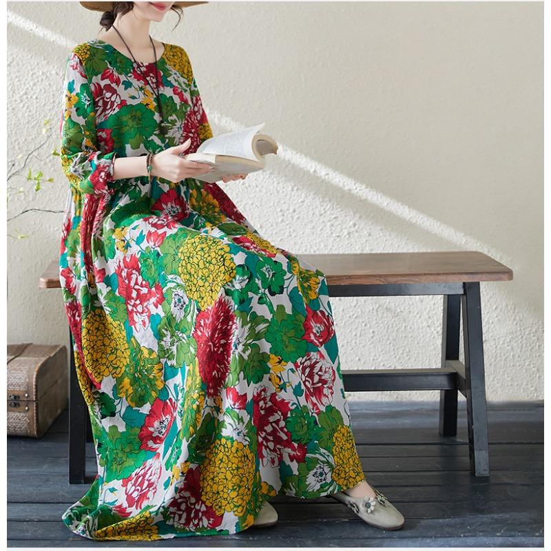 DIMANAF 2024 Rochie de primăvară mărime Plus pentru femei, rochie boemă ocazională cu imprimeu floral, rochie lejeră pentru plajă, decolteu O, verde, femeie