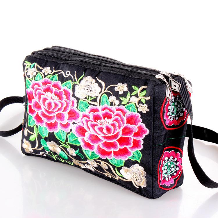 Yunnan Ethnic Embroidered One-Shoulder Crossbody Bag with Three Zippers - Large Size for Ladies