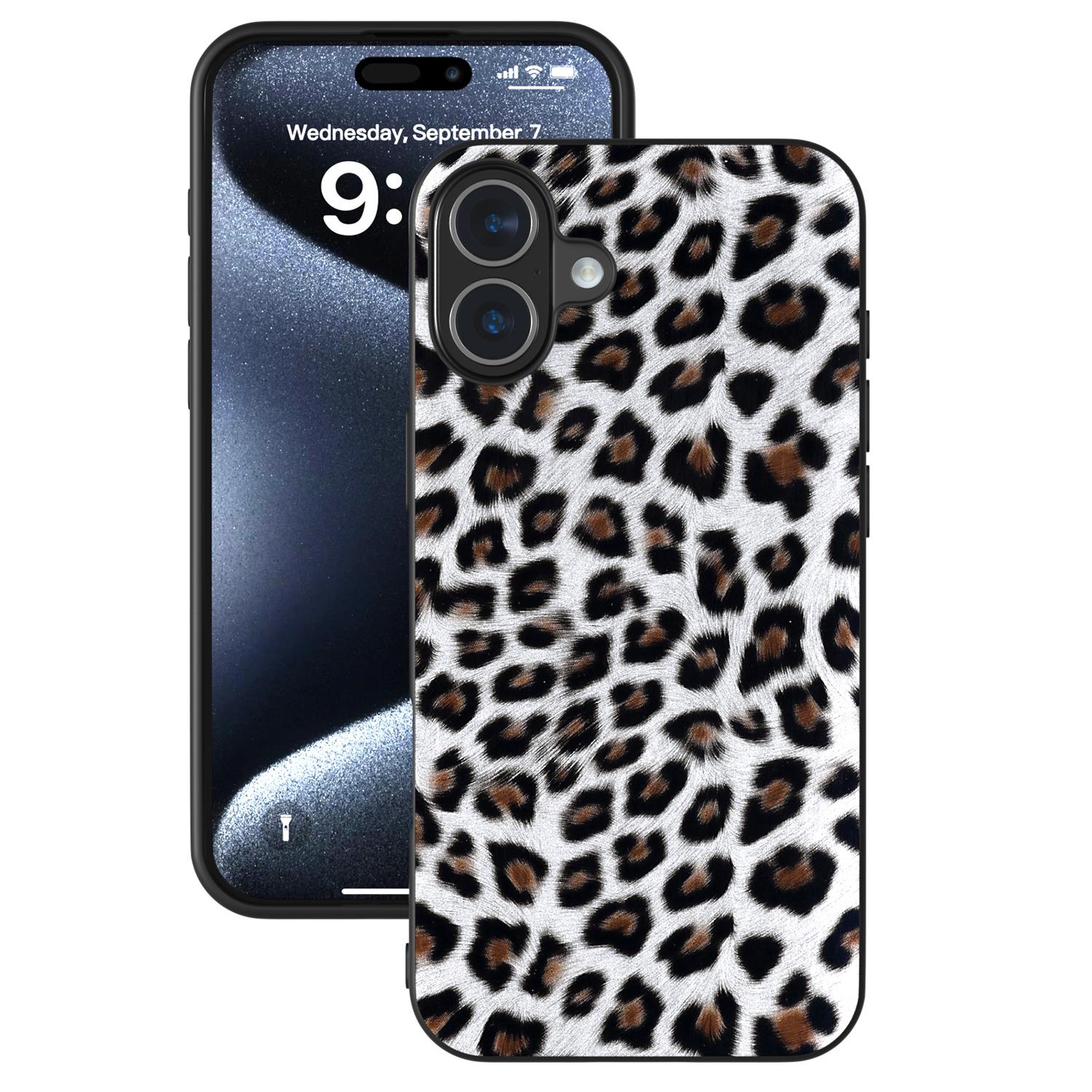 

ABEEL For iPhone 16 Plus Case Leopard Print Leather+TPU Phone Cover Silver