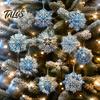 Christmas Tree Hanging Decorations 12 Pcs Wooden Snowflake Ornaments, Blue Winter Decoration, Ornaments Double Sided Holiday Pendant with Rope