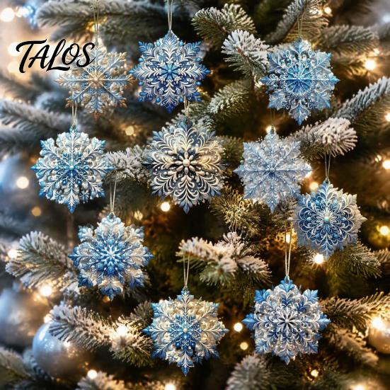 Christmas Tree Hanging Decorations 12 Pcs Wooden Snowflake Ornaments, Blue Winter Decoration, Ornaments Double Sided Holiday Pendant with Rope