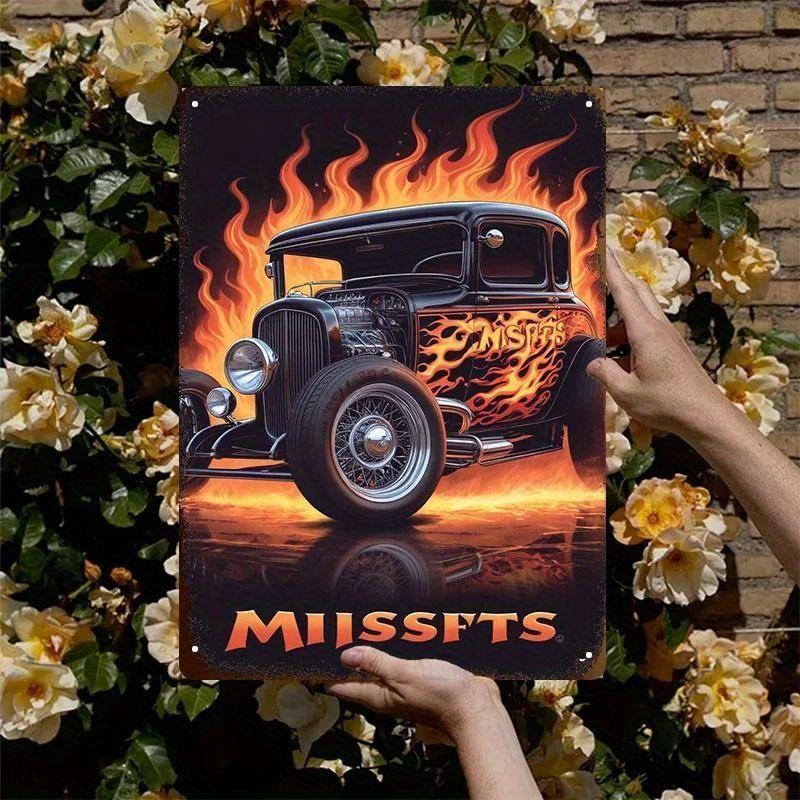 Racing Car Retro Style Metal Decorative Painting for Garage Room Decor